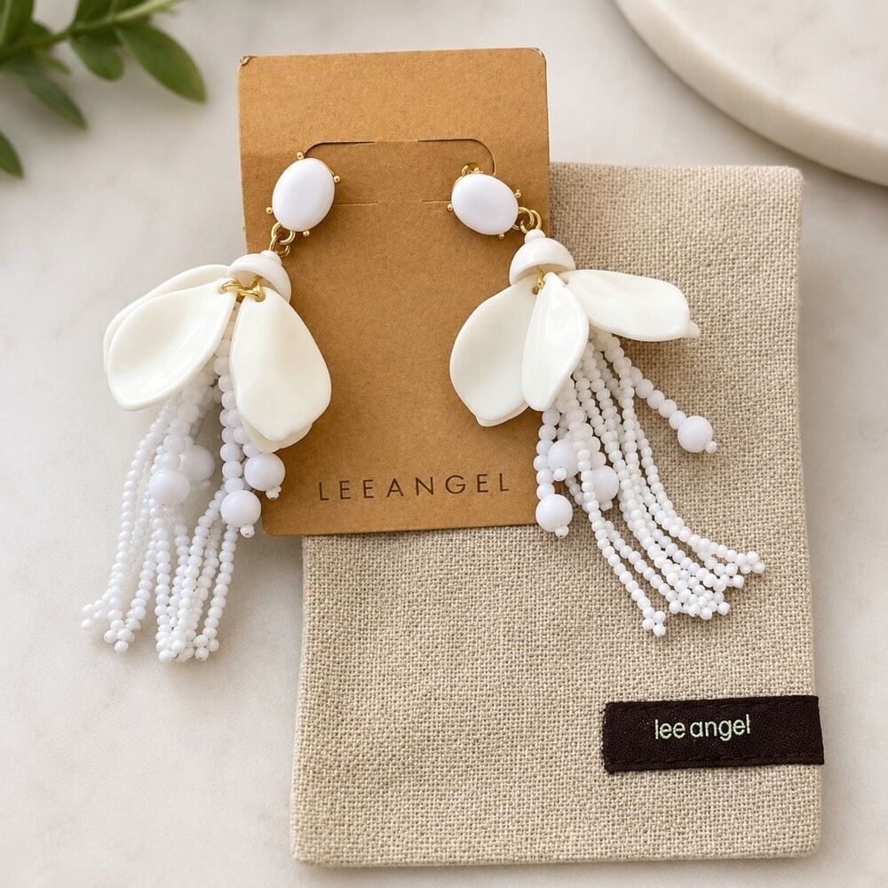 Lee Angel White Dangle Statement Earrings, Beaded Fringe